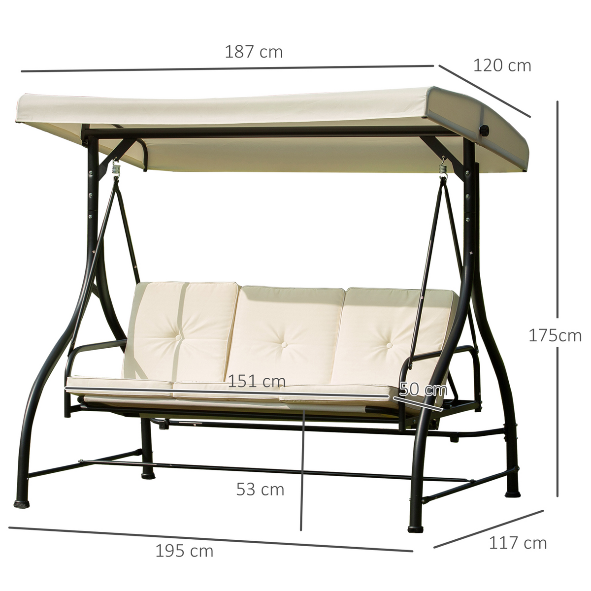 Outsunny 3 Seater Canopy Swing Chair Garden Swing Seat Bed Porch Hammock - Cream White