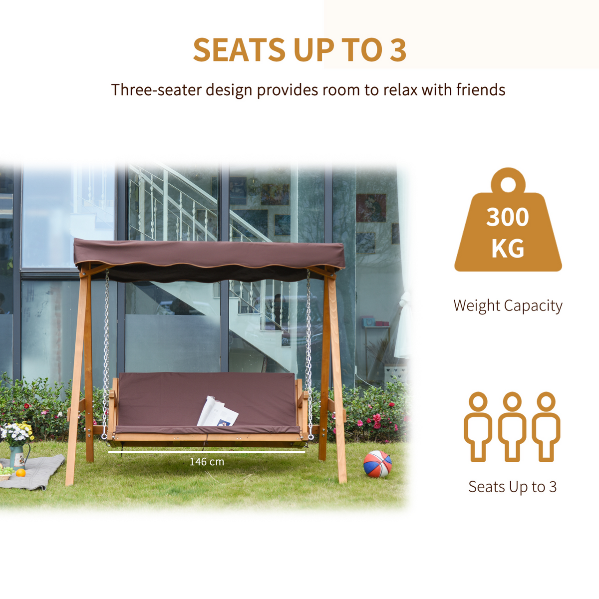 Outsunny 3 Seater Garden Swing Seat Outdoor Swing Chair with Adjustable Canopy, Wooden Hammock Bench with Padded Cushions, Brown