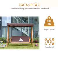 Outsunny 3 Seater Garden Swing Seat Outdoor Swing Chair with Adjustable Canopy, Wooden Hammock Bench with Padded Cushions, Brown