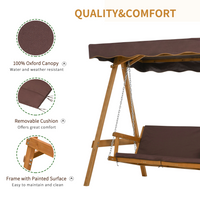 Outsunny 3 Seater Garden Swing Seat Outdoor Swing Chair with Adjustable Canopy, Wooden Hammock Bench with Padded Cushions, Brown