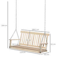 Outsunny Outdoor Wooden Swing Bench 2-Seater Porch Swing Chair Hanging Hammock Garden Furniture, Natural