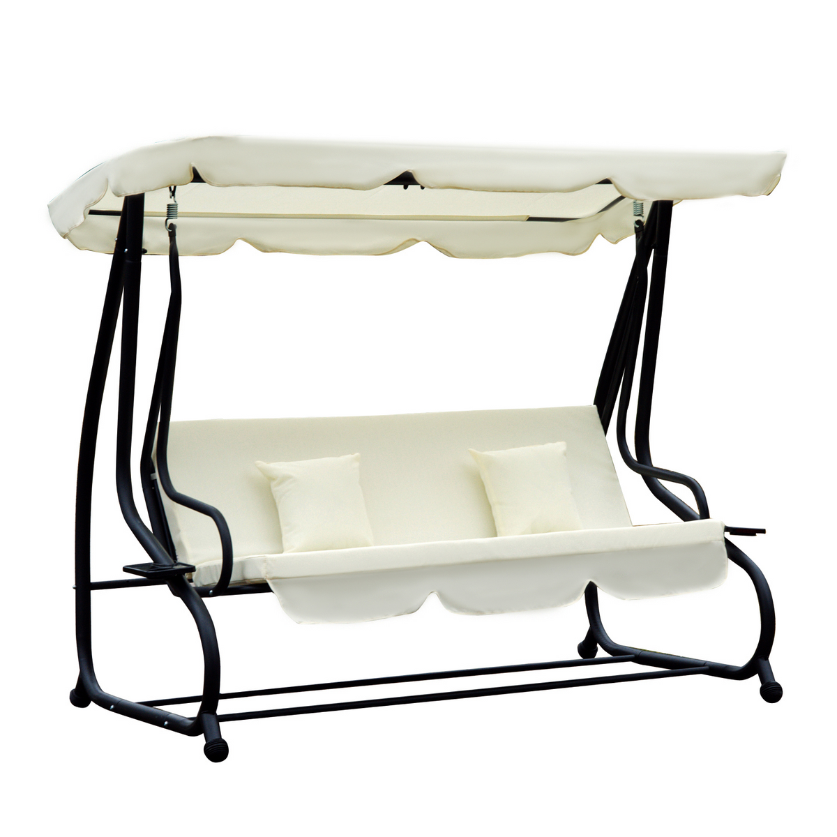 Outsunny 2-in-1 Garden Swing Seat Bed 3 Seater Swing Chair Hammock Bench Bed with Tilting Canopy and 2 Cushions, Cream White