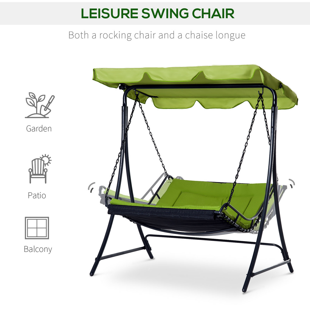 Outsunny Swing Chair Bed Canopy - Green | 2 Person Double Hammock Garden Bench Rocking Sun Lounger Outdoor Backyard Furniture with Cushion