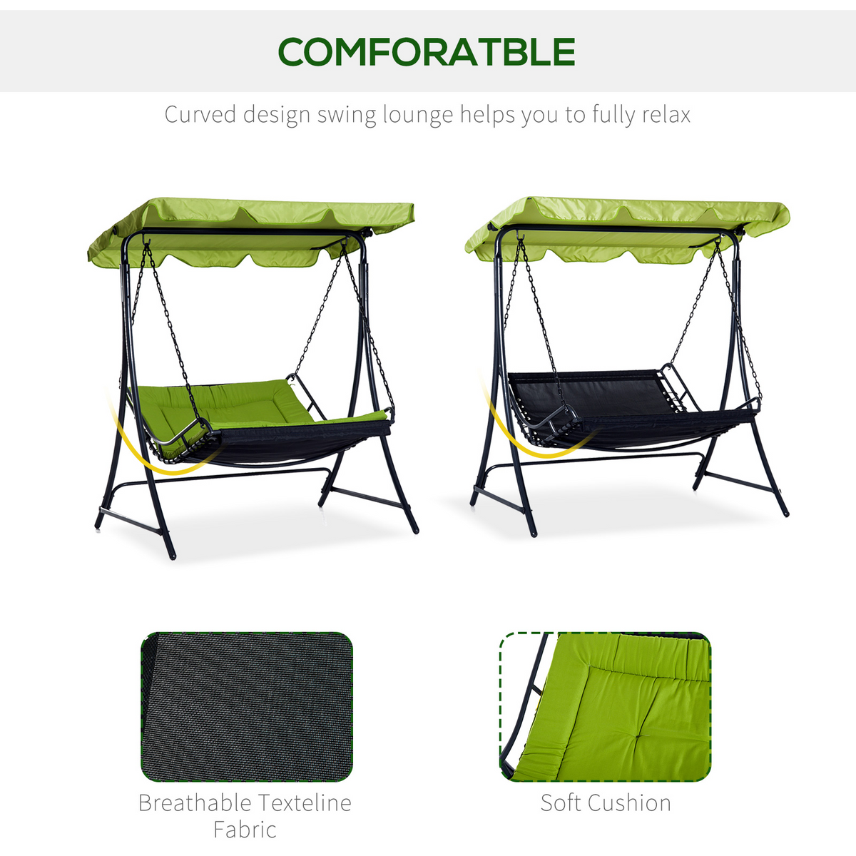 Outsunny Swing Chair Bed Canopy - Green | 2 Person Double Hammock Garden Bench Rocking Sun Lounger Outdoor Backyard Furniture with Cushion