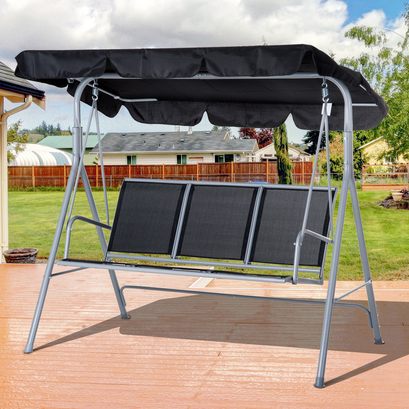 Outsunny Metal Swing Chair Garden Swing Seat Hammock Patio Bench | 3 Seater Rock Shelter Shade - Black