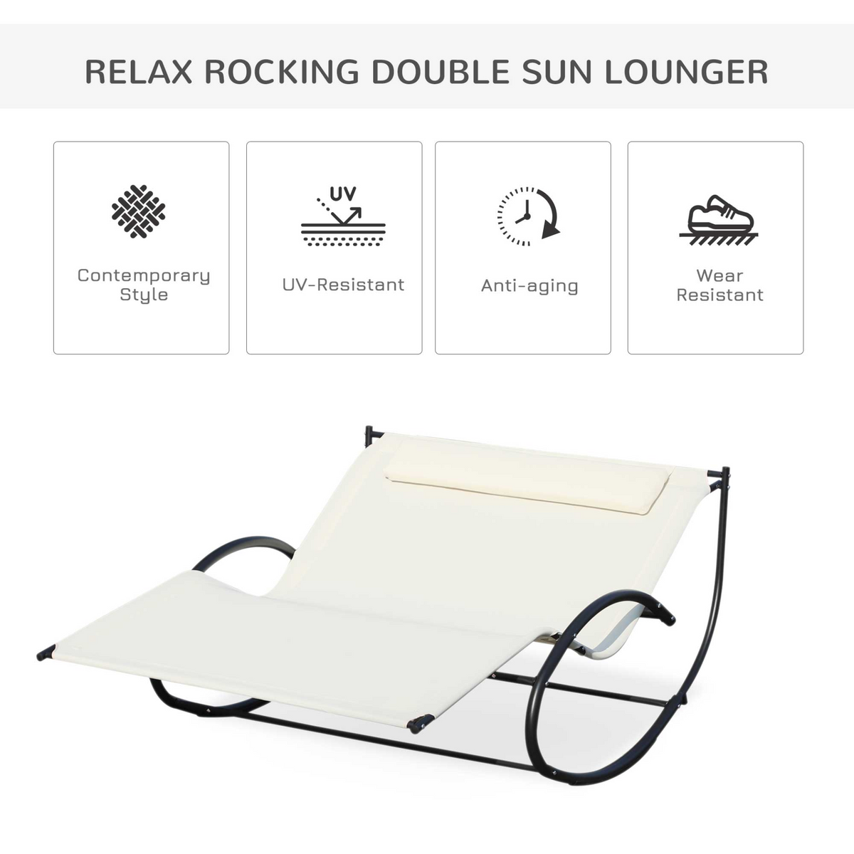 Outsunny Double Hammock Chair Sun Lounger | Outdoor Patio Garden Swing Rock Seat Cream White