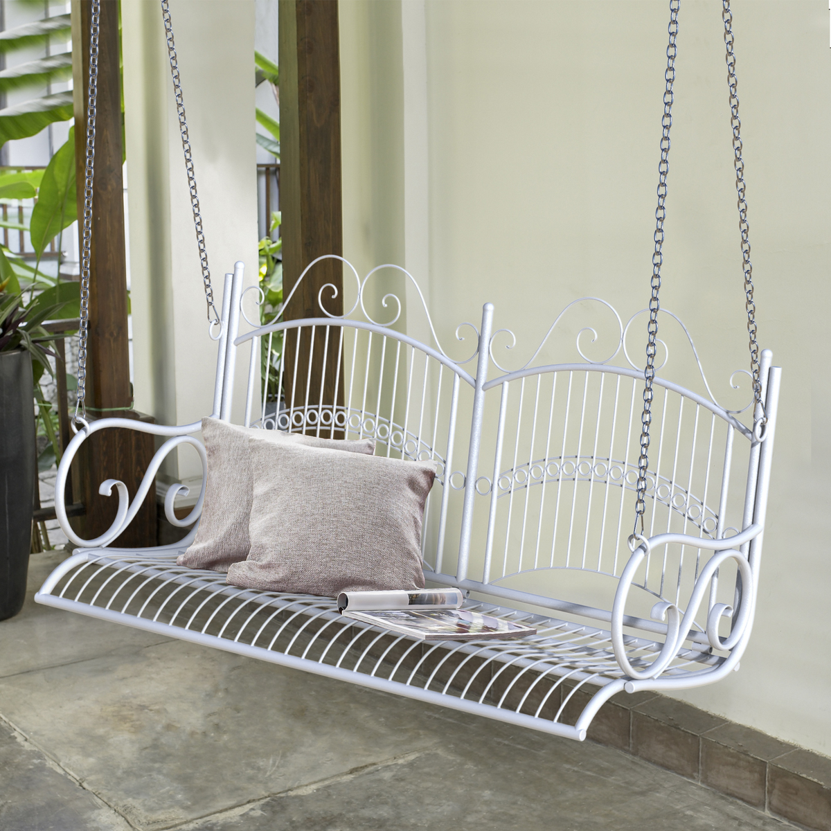 Outsunny Garden Bench Outdoor Metal 2-Seater Swing Chair Hanging Hammock Garden Furniture Balcony White - 118Lx 58W x 57H cm