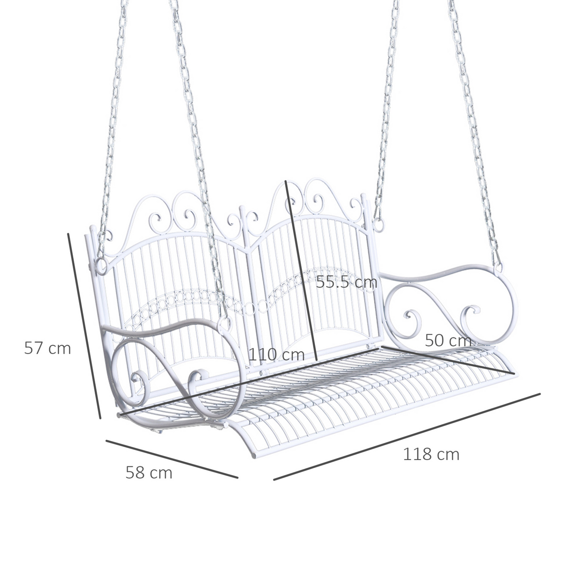 Outsunny Garden Bench Outdoor Metal 2-Seater Swing Chair Hanging Hammock Garden Furniture Balcony White - 118Lx 58W x 57H cm