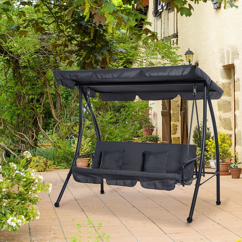 Outsunny Outdoor 2-in-1 Patio Swing Chair Lounger - 3 Seater Garden Swing Seat Bed with Canopy and Cushion, Dark Grey