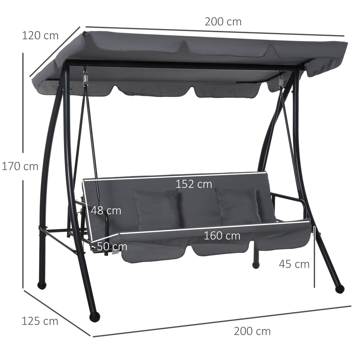 Outsunny Outdoor 2-in-1 Patio Swing Chair Lounger - 3 Seater Garden Swing Seat Bed with Canopy and Cushion, Dark Grey