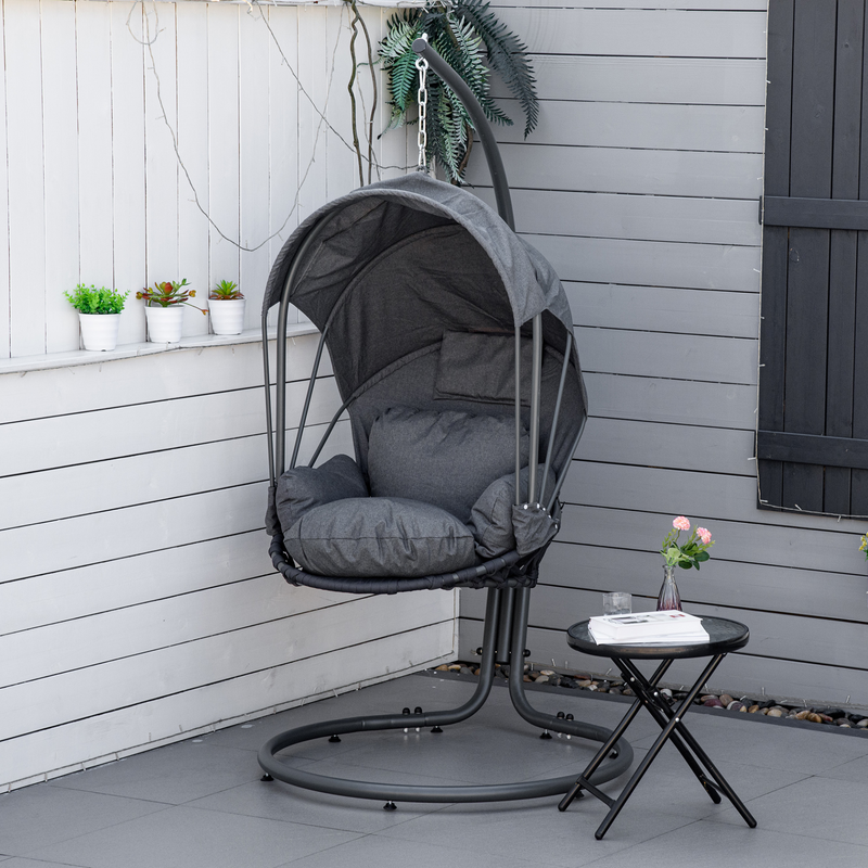 Outsunny Hanging Egg Chair Swing Hammock Chair with Stand, Cushion and Retractable Canopy, Grey