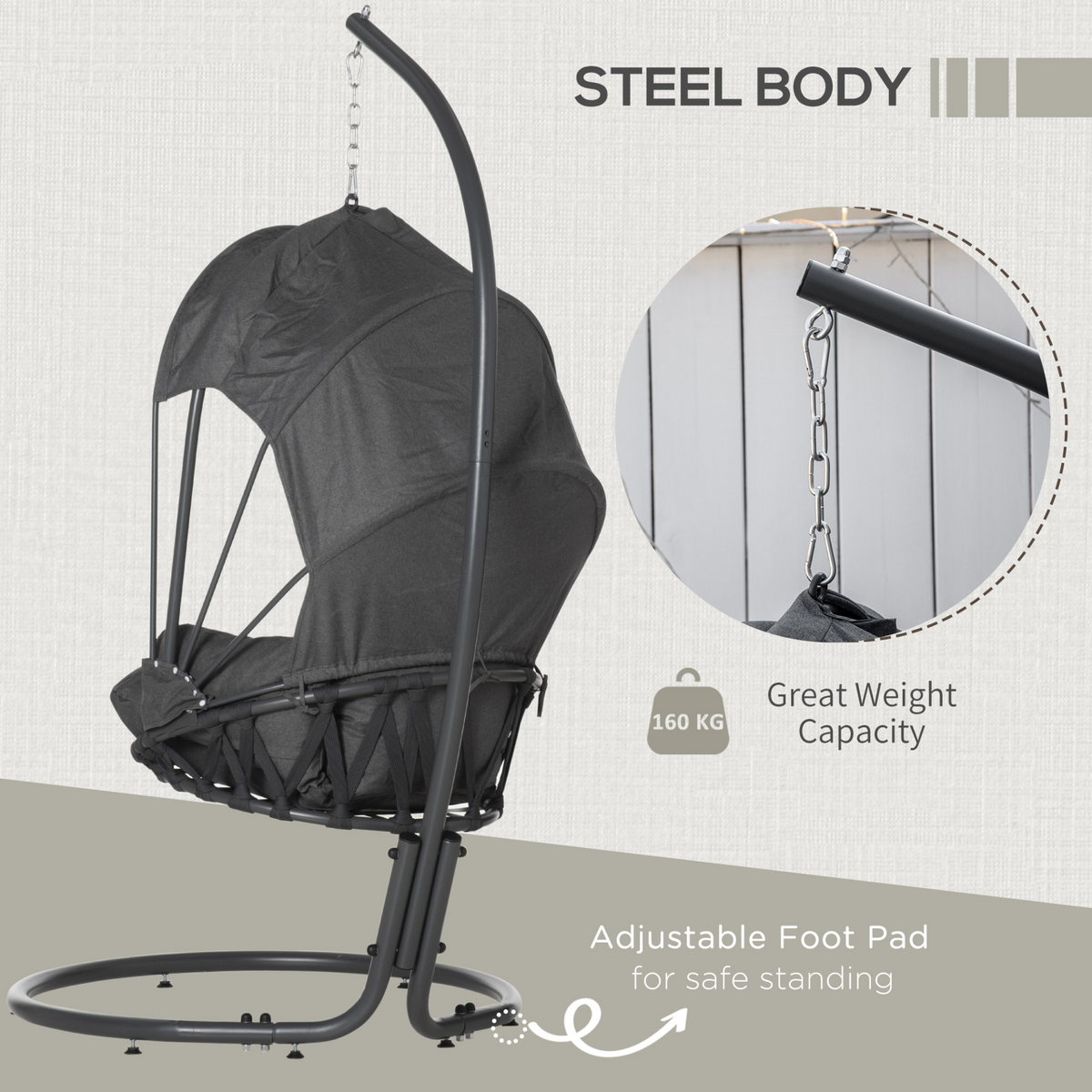 Outsunny Hanging Egg Chair Swing Hammock Chair with Stand, Cushion and Retractable Canopy, Grey