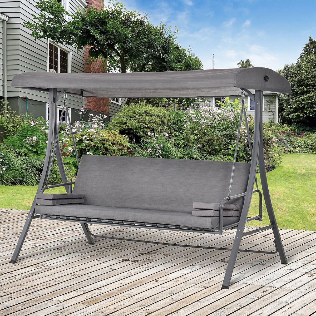 Outsunny Outdoor 2-in-1 Swing Chair & Garden Swing Seat Bed 3 Seater - Grey