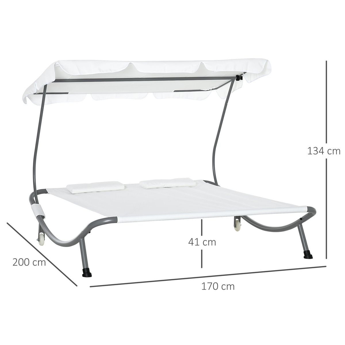 Outsunny Patio Double Hammock Sun Lounger Bed with Canopy Shelter, Wheels & 2 Pillows, White