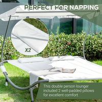 Outsunny Patio Double Hammock Sun Lounger Bed with Canopy Shelter, Wheels & 2 Pillows, White