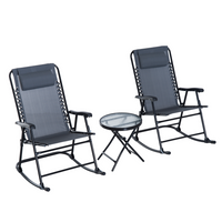 Outsunny 3 Piece Outdoor Rocking Set with Folding Chairs and Tempered Glass Table, Patio Bistro Set for Garden, Deck, Grey