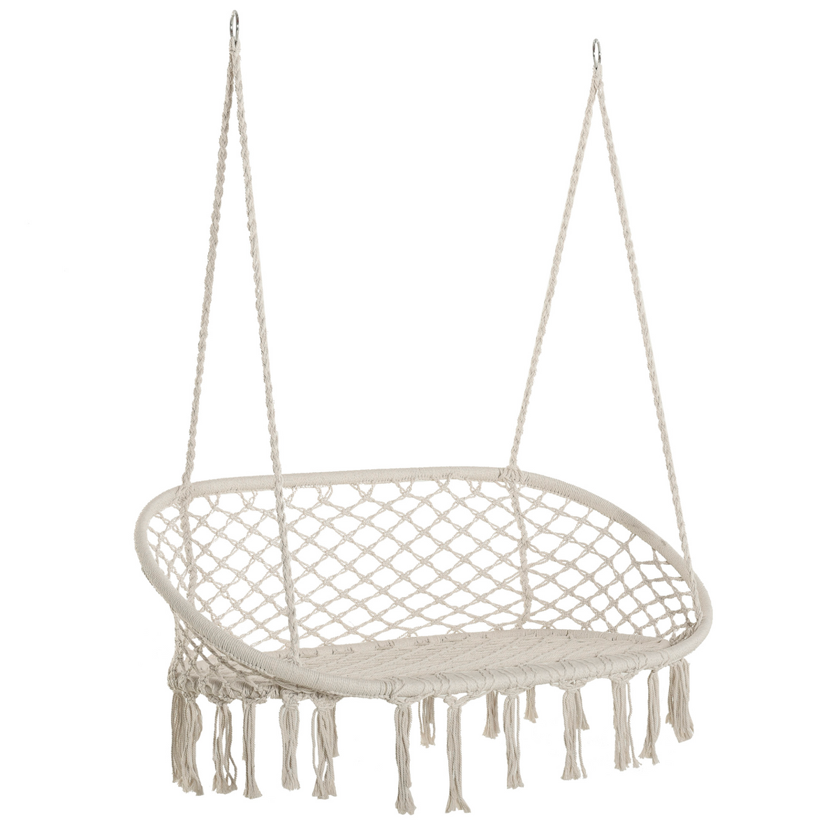 Outsunny Hanging Hammock Chair Cotton Rope Porch Swing with Metal Frame, Large Macrame Seat - Cream White