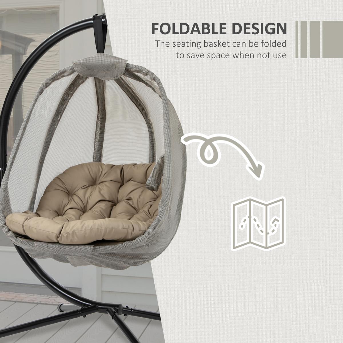 Outsunny Hanging Egg Chair, Folding Texteline Swing Hammock with Side Pocket, Cushion and Stand - Indoor/Outdoor Patio Garden Furniture - Khaki