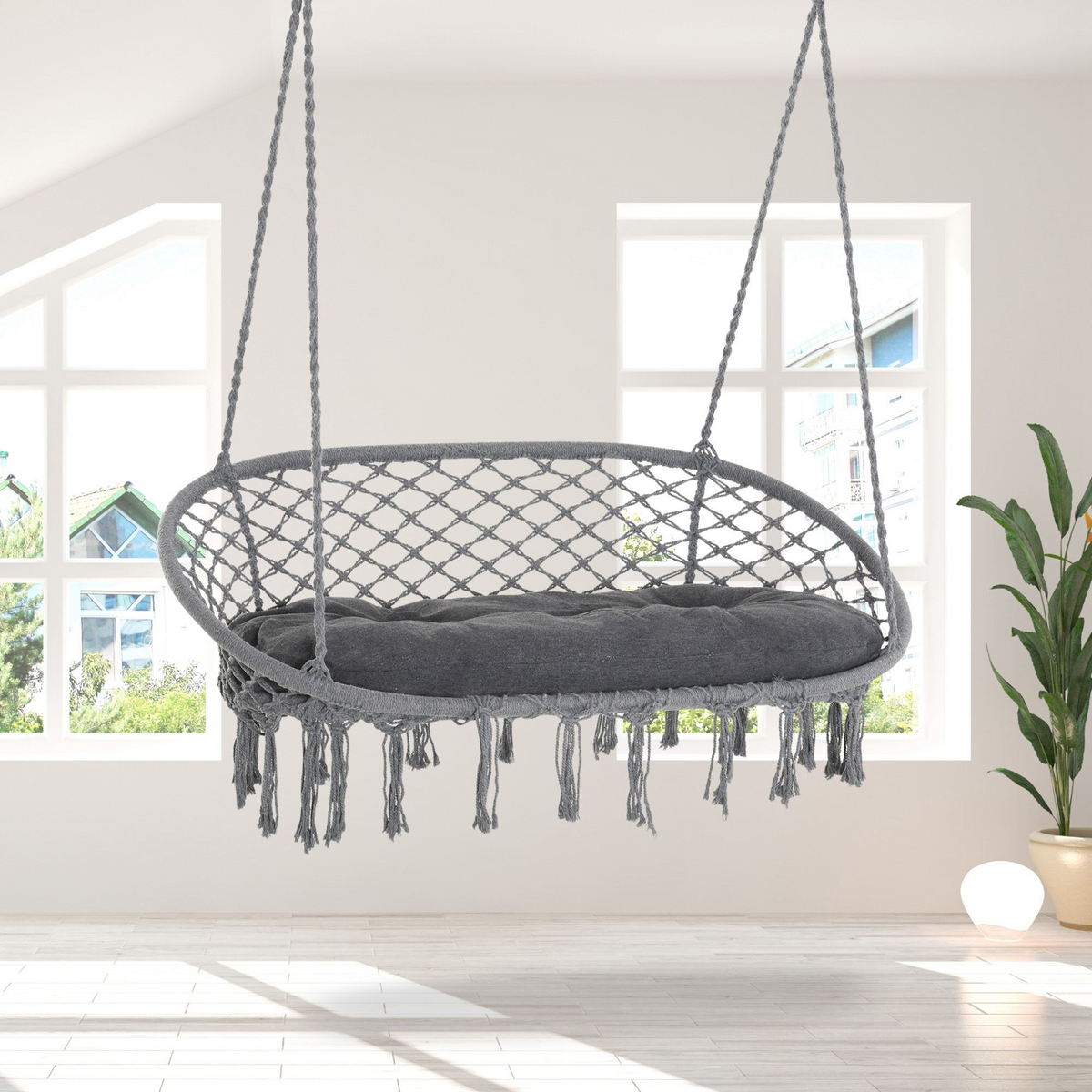 Outsunny Hanging Hammock Chair - Stylish Cotton Rope Porch Swing with Metal Frame and Cushion, Dark Grey