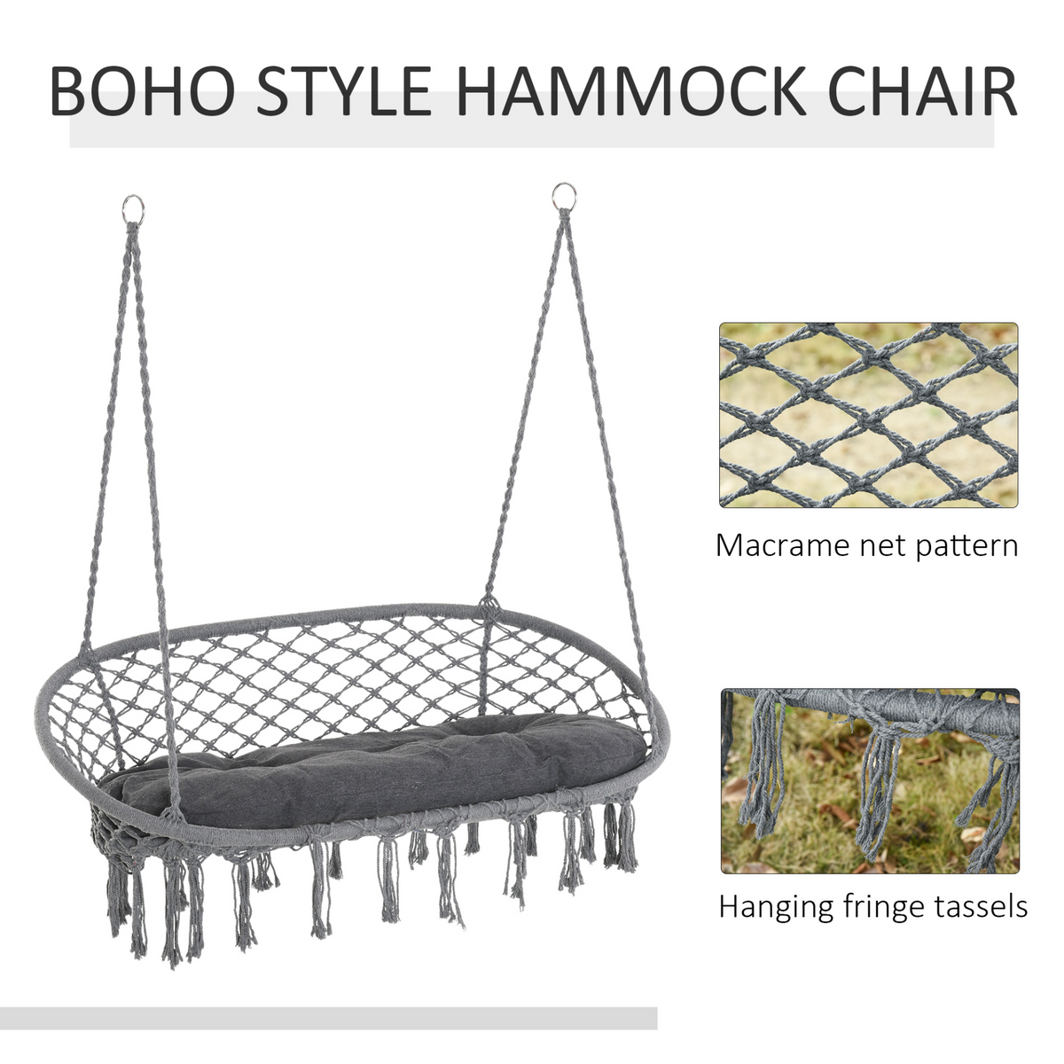 Outsunny Hanging Hammock Chair - Stylish Cotton Rope Porch Swing with Metal Frame and Cushion, Dark Grey