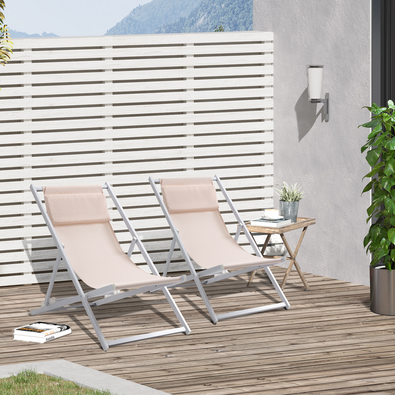 Outsunny Set of 2 Folding Garden Beach Aluminum Frame Deck Chairs - Beige