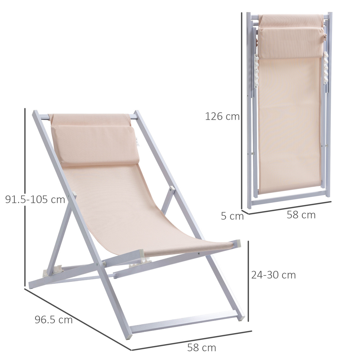 Outsunny Set of 2 Folding Garden Beach Aluminum Frame Deck Chairs - Beige