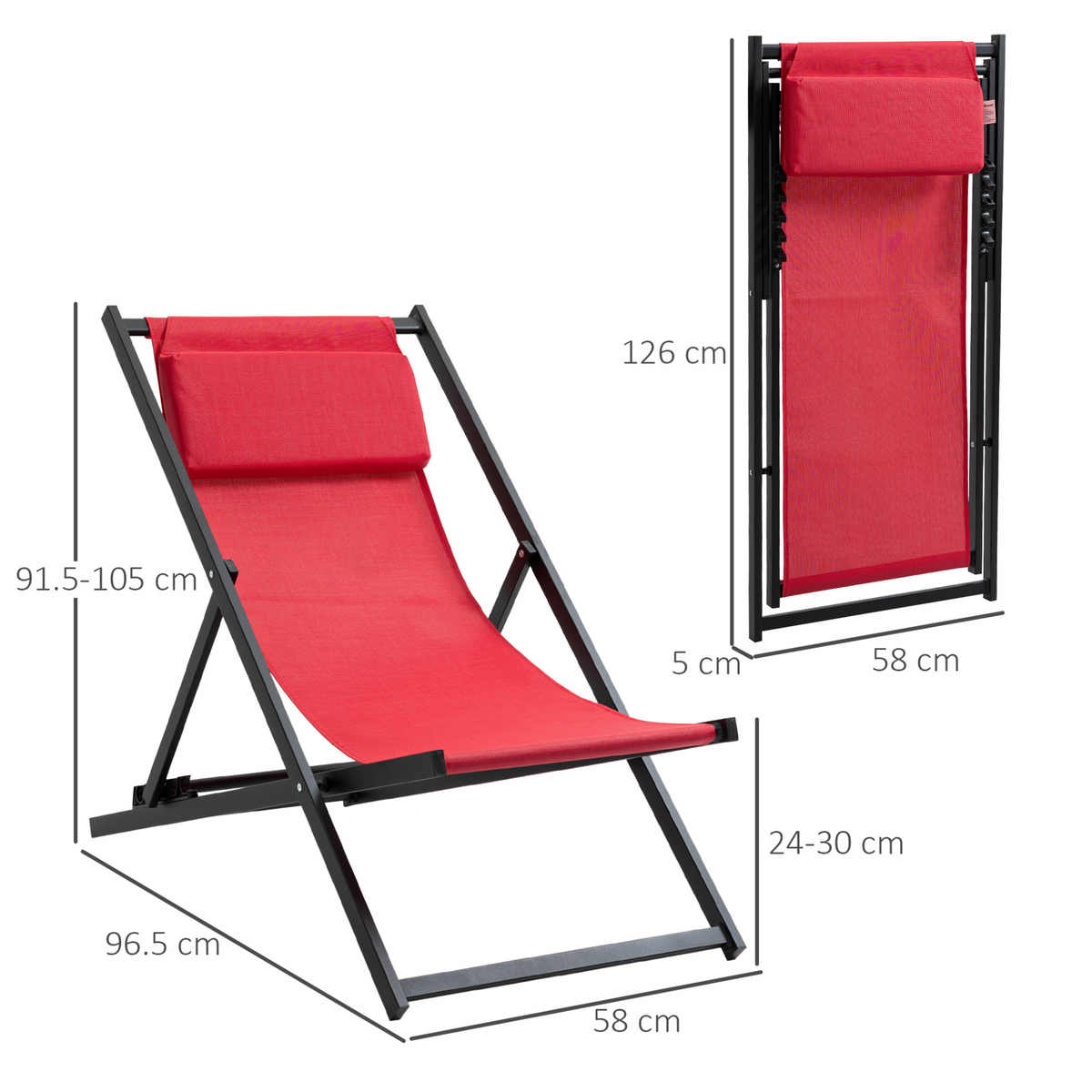 Outsunny Set of 2 Folding Garden Beach Aluminium Frame Deck Chairs - Red