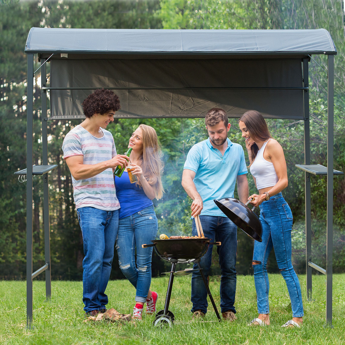 Outsunny 2.2 x 1.4m Outdoor Metal Smoking BBQ Gazebo Tent Marquee Garden Patio BBQ Grill Canopy Shelter with Side Awning