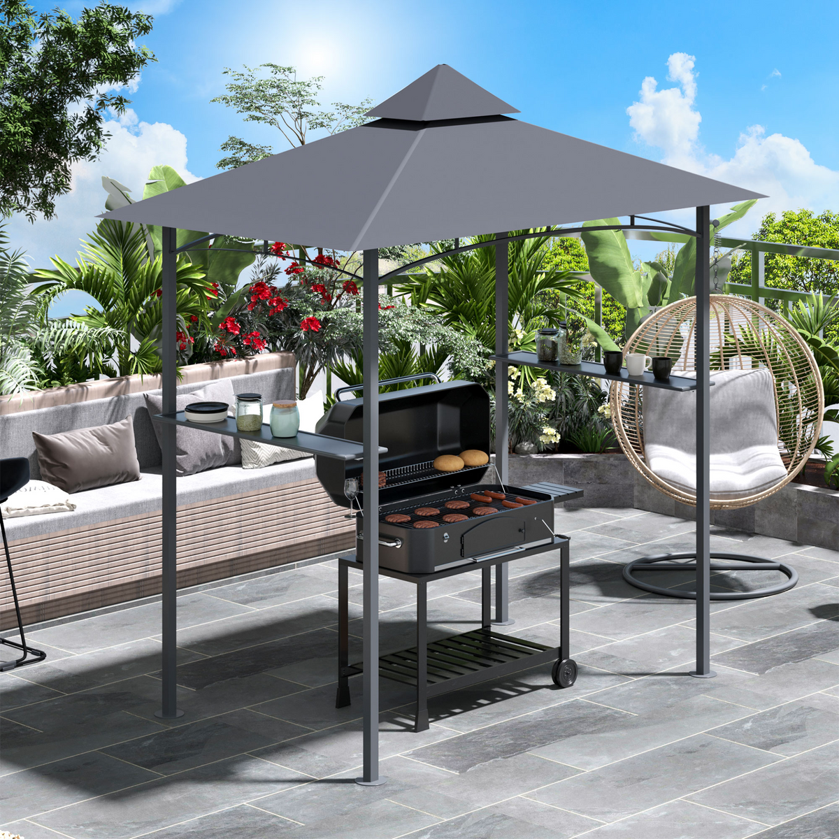 Outsunny 8ft BBQ Gazebo Grill Canopy - Grey | Double-Tier BBQ Tent Shelter