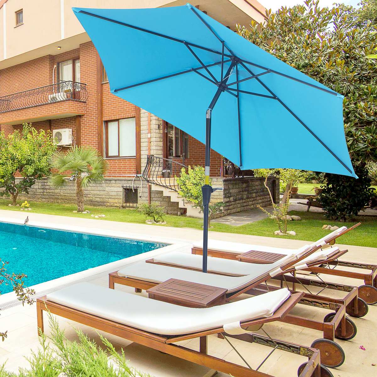 Outsunny 2.7M Tilting Parasol Sun Shade with Crank (Blue) - Outdoor Garden Umbrellas