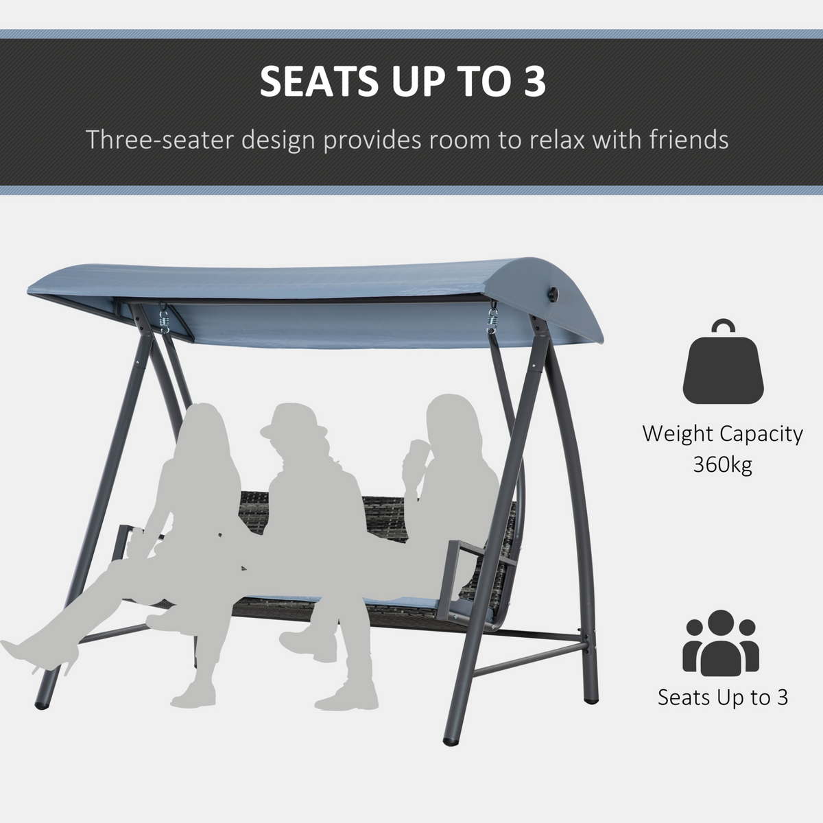 Outsunny 2-3 Seater Outdoor Garden Rattan Swing Chair with Adjustable Canopy Removable Cushion Hammock Seater Bench Bed Lounger, Mixed Grey