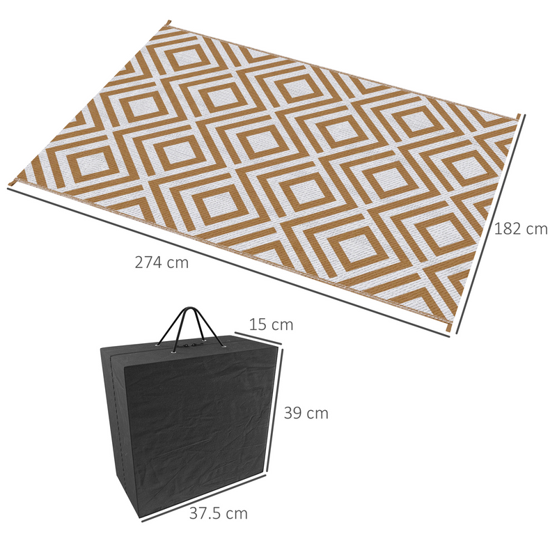 Outsunny Reversible Outdoor Rug with Carry Bag and Ground Stakes | Waterproof Plastic Straw Mat for Backyard, Deck, RV, Picnic, Beach, Camping | 182 x 274 cm | Brown & White