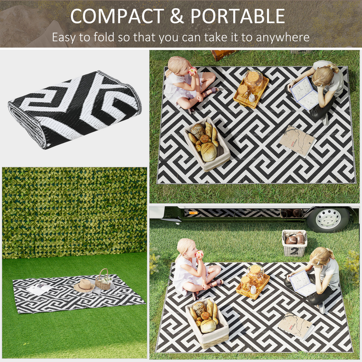 Outsunny 121 x 182 cm Outdoor Rug Reversible Mat, Black & White - Portable RV Camping Mat for Garden Deck Picnic Indoor