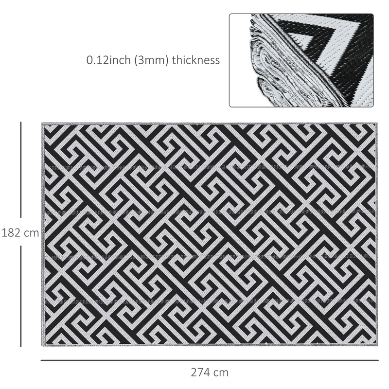 Outsunny 182 x 274 cm Outdoor Rug - Reversible Mat for Garden, Deck, Picnic - Portable and Durable - Black & White