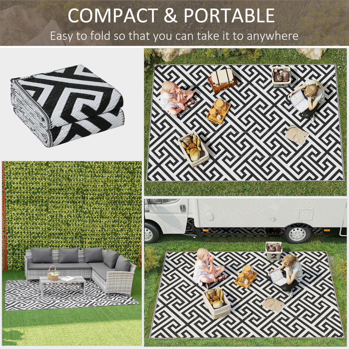 Outsunny 182 x 274 cm Outdoor Rug - Reversible Mat for Garden, Deck, Picnic - Portable and Durable - Black & White