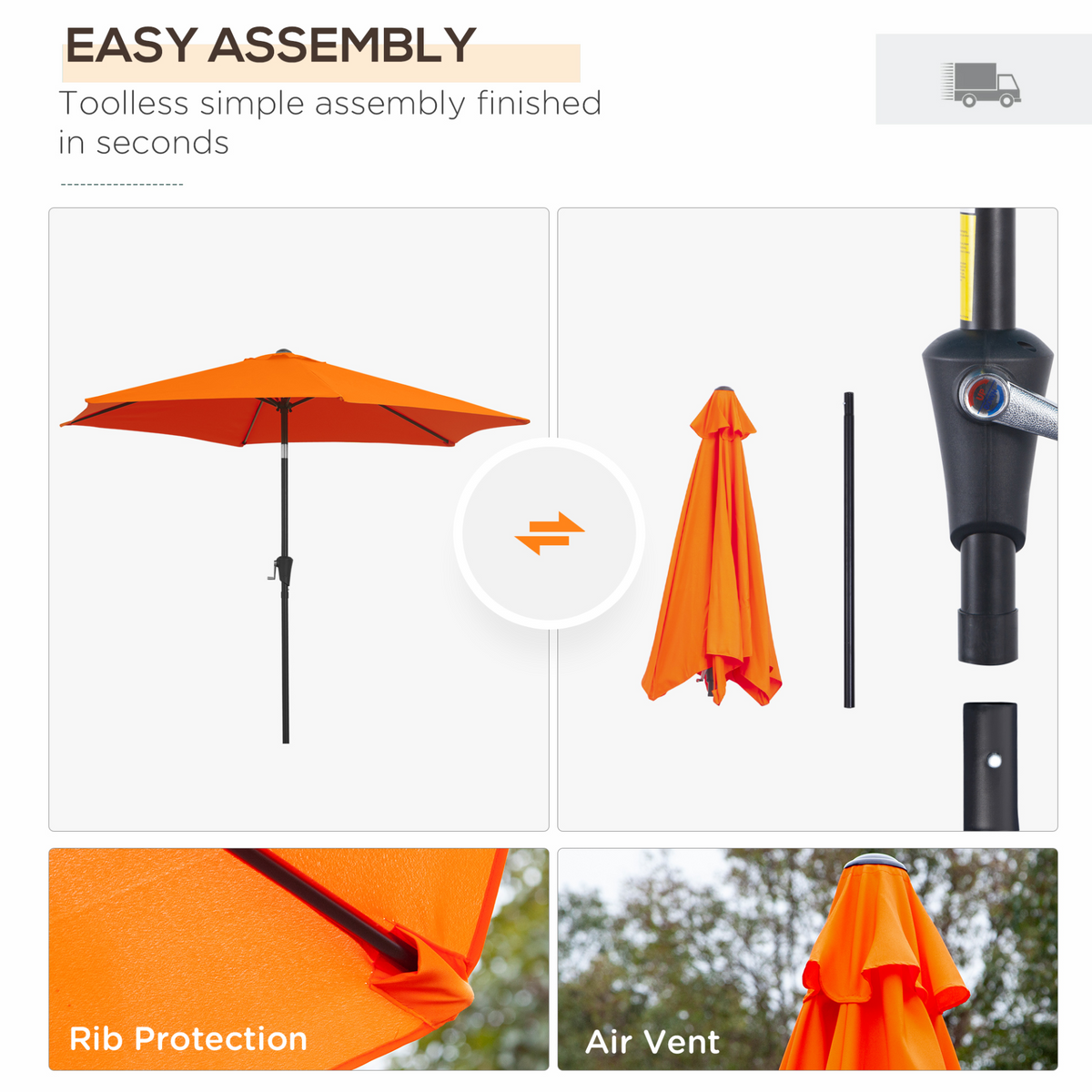 Outsunny 2.7M Tilting Garden Parasol Sun Shade Umbrella (Orange) - Aluminum Frame, Crank Mechanism