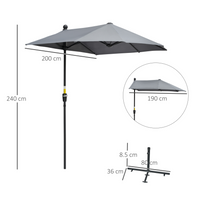 Outsunny 2m Half Parasol Market Umbrella Garden Balcony Parasol with Crank Handle, Cross Base, Double-Sided Canopy, Dark Grey