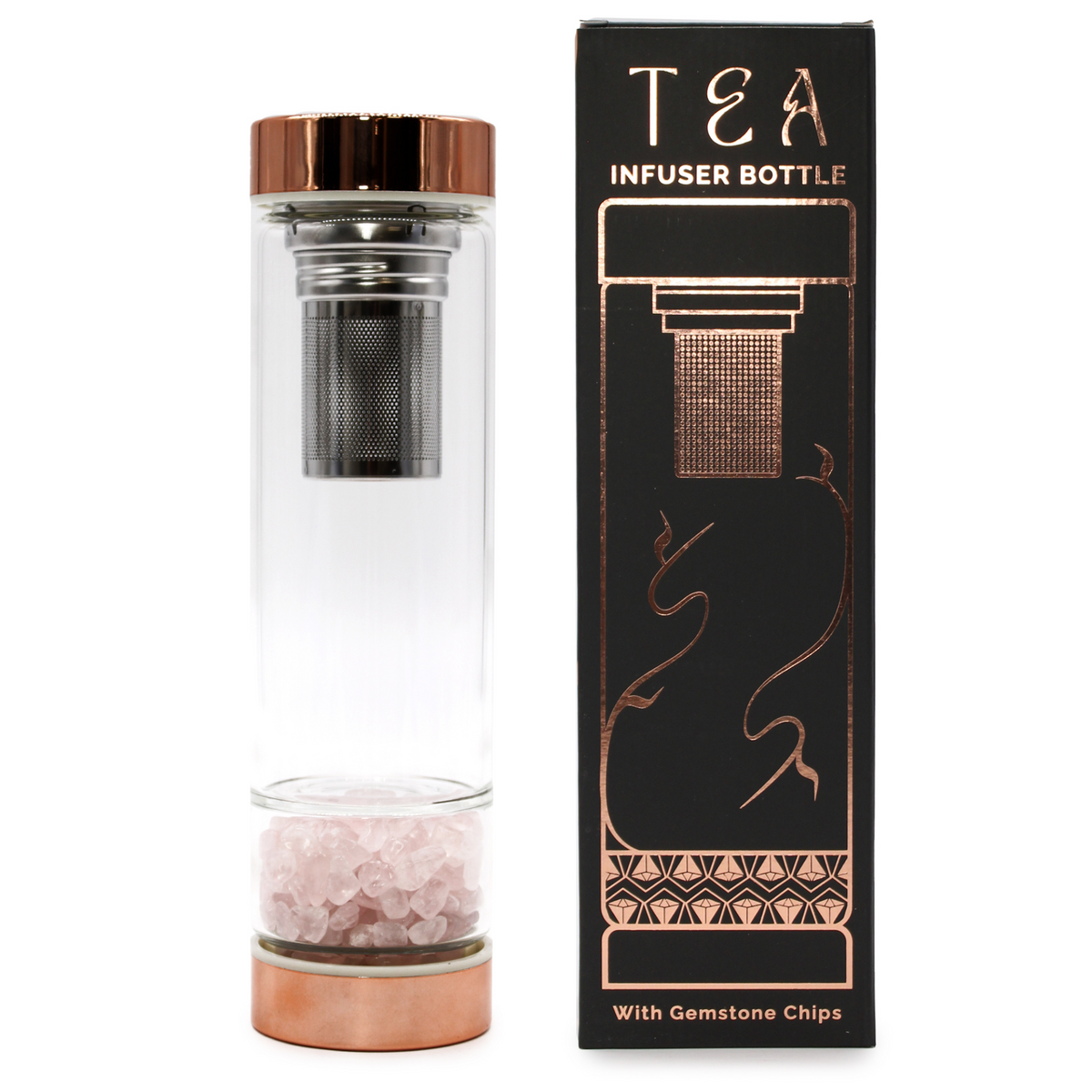 Crystal Glass Tea Infuser Bottle - Rose Gold - Rose Quartz | Enjoy the Perfect Cup of Tea