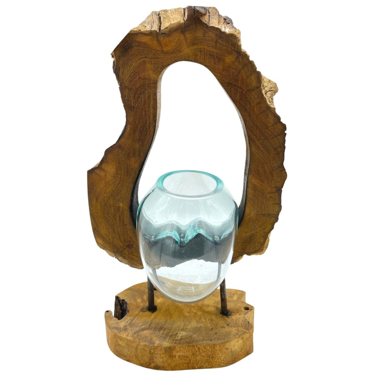 Molton Glass Hanging Art Vase on Wood - Handcrafted Recycled Glass and Gamal Wood - Natural and Chic Home Decor