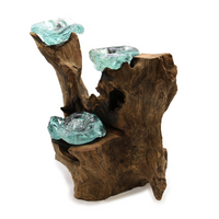 Molton Glass Triple Candle Holder on Wood - Handcrafted, Recycled Glass and Gamal Wood, Earthy and Chic Decor