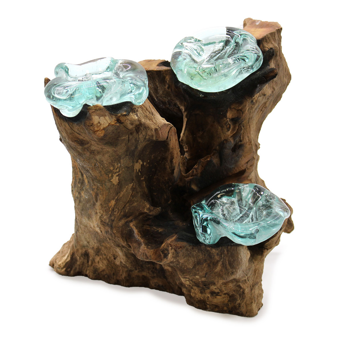 Molton Glass Triple Candle Holder on Wood - Handcrafted, Recycled Glass and Gamal Wood, Earthy and Chic Decor