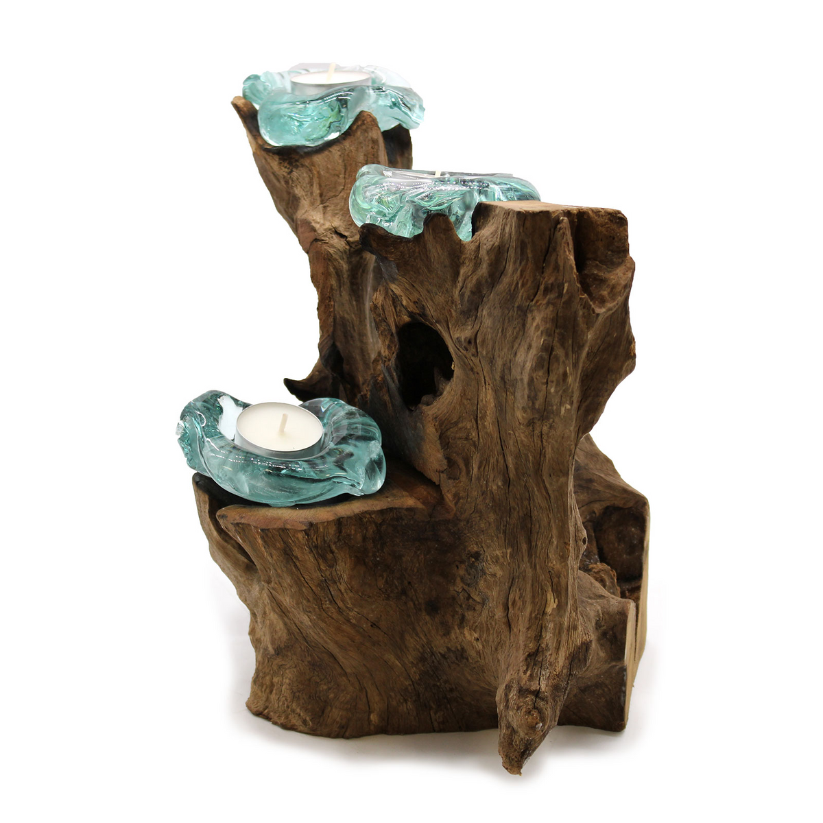 Molton Glass Triple Candle Holder on Wood - Handcrafted, Recycled Glass and Gamal Wood, Earthy and Chic Decor