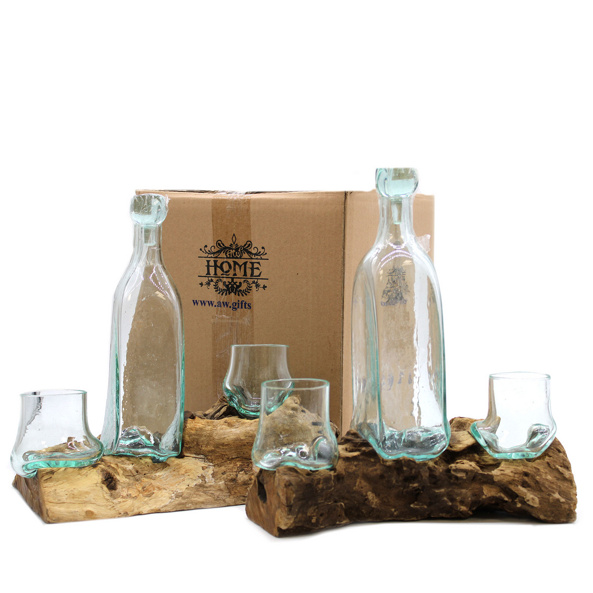 Handmade Molten Glass on Wood Whisky Set - Natural and Chic