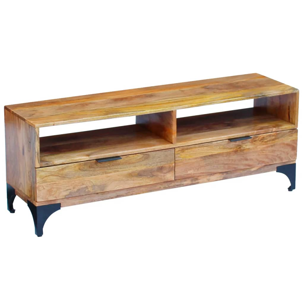 TV Stand Mango Wood 120x35x45 cm - Solid Wood Construction, Handmade, Two Drawers and Compartments