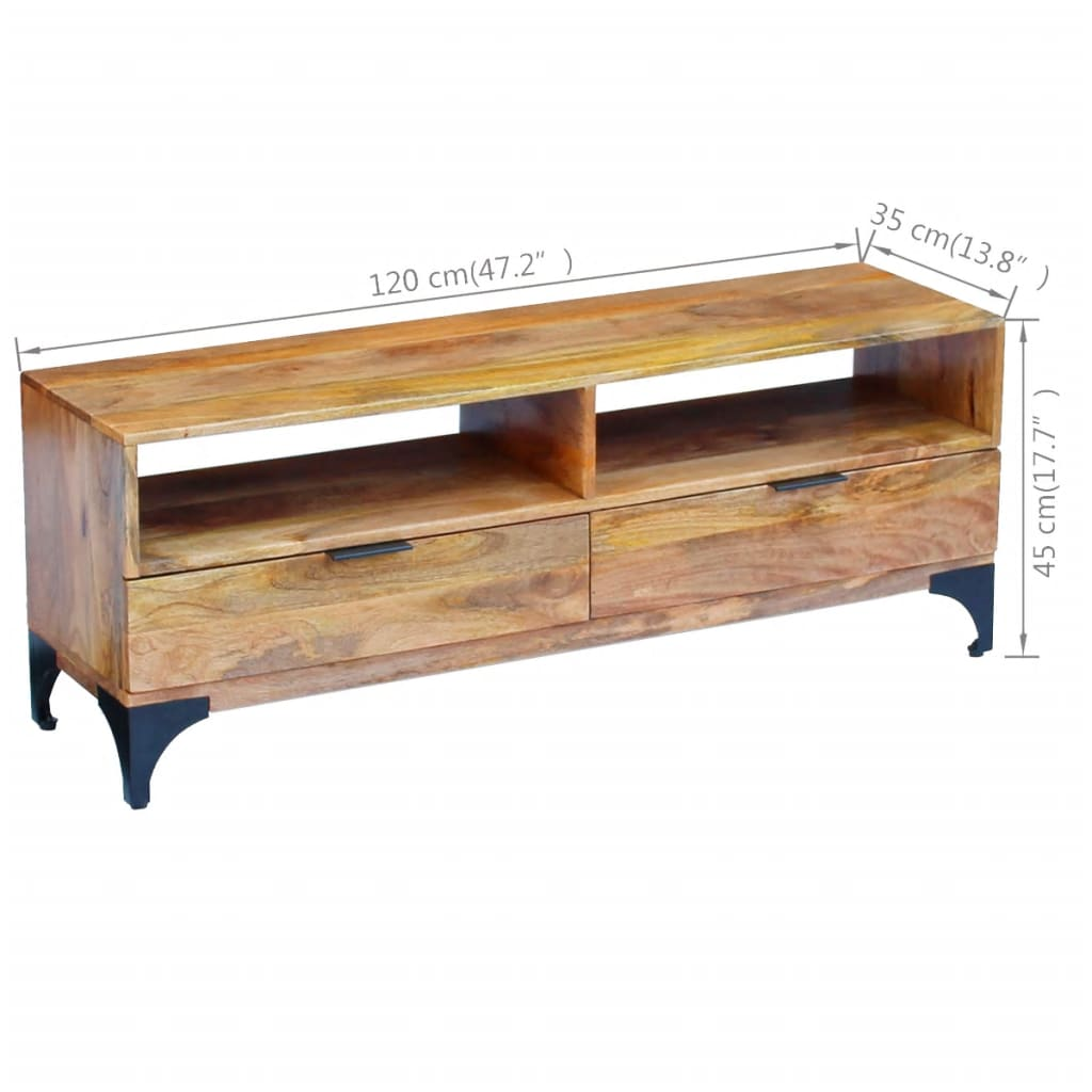 TV Stand Mango Wood 120x35x45 cm - Solid Wood Construction, Handmade, Two Drawers and Compartments