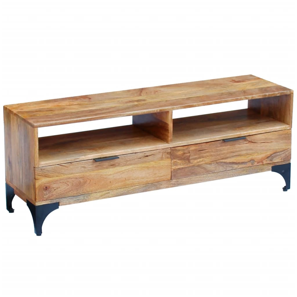 TV Stand Mango Wood 120x35x45 cm - Solid Wood Construction, Handmade, Two Drawers and Compartments