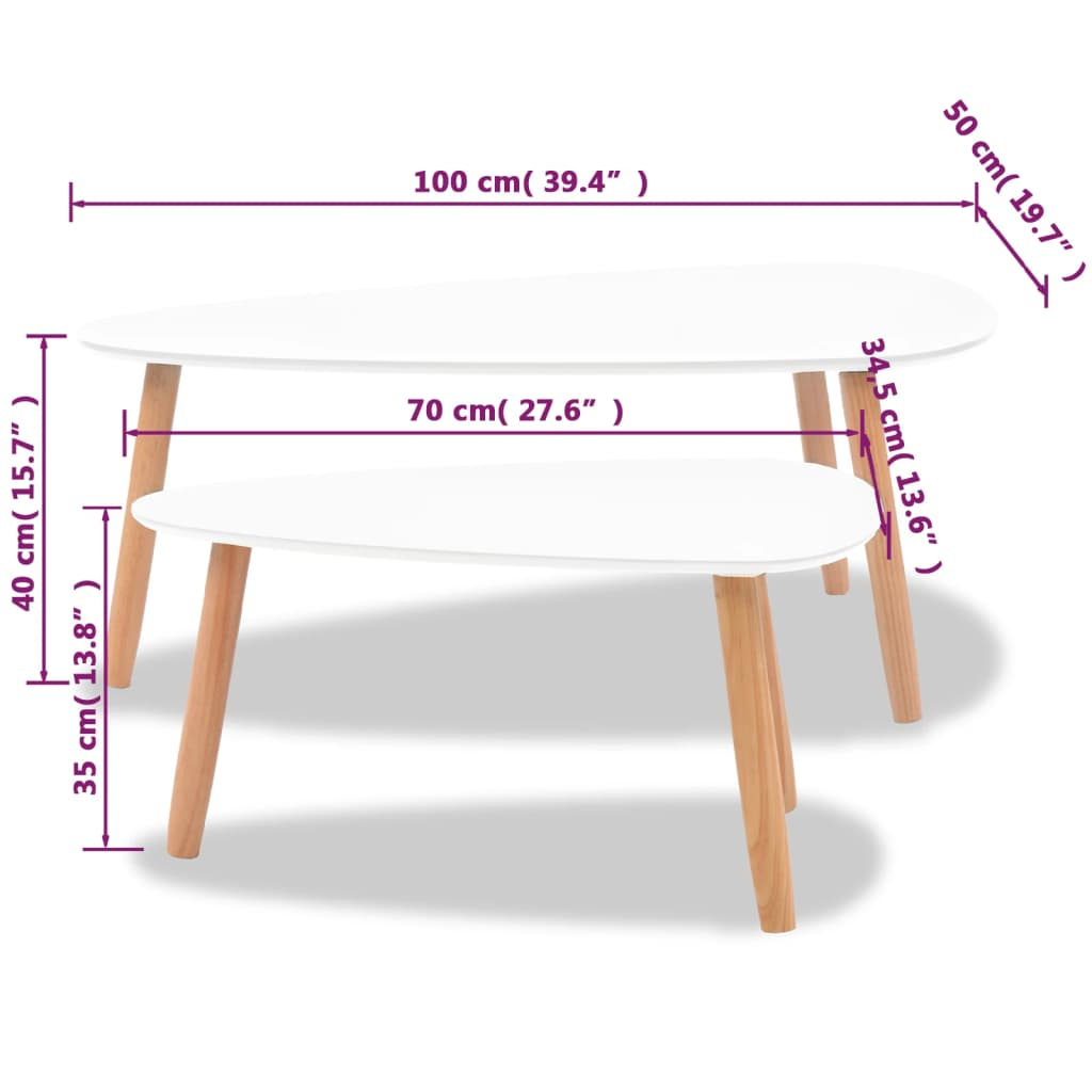 Coffee Table Set - Solid Pinewood, White, 2 Pieces