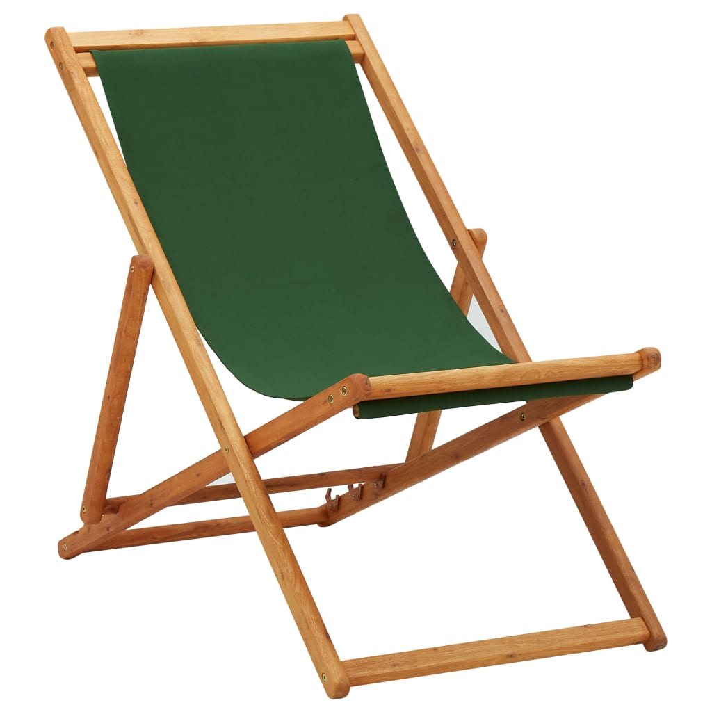 Folding Beach Chair Eucalyptus Wood and Fabric Green | Adjustable Reclining Settings, Foldable for Easy Transport and Storage