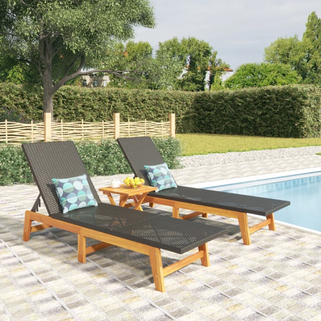 Sun Loungers 2 pcs Black and Brown Poly Rattan & Solid Wood Acacia - Outdoor Furniture for Ultimate Relaxation