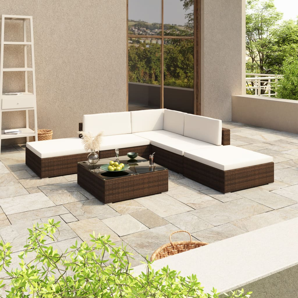 6 Piece Garden Lounge Set with Cushions - Poly Rattan Brown